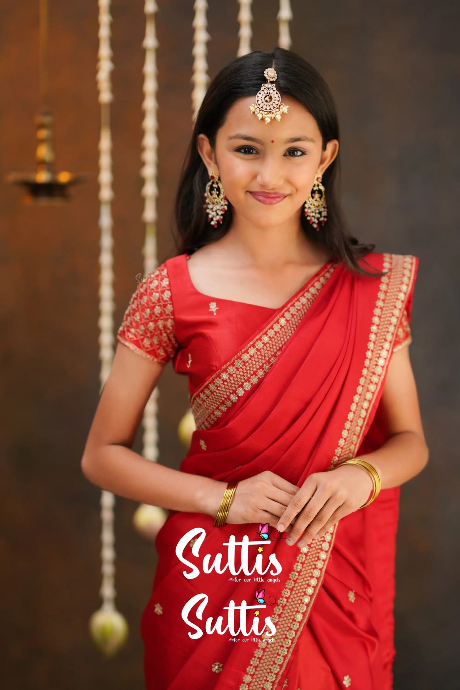 Tulip - Red Pure Gaji Silk Half Saree Kids-Suttis