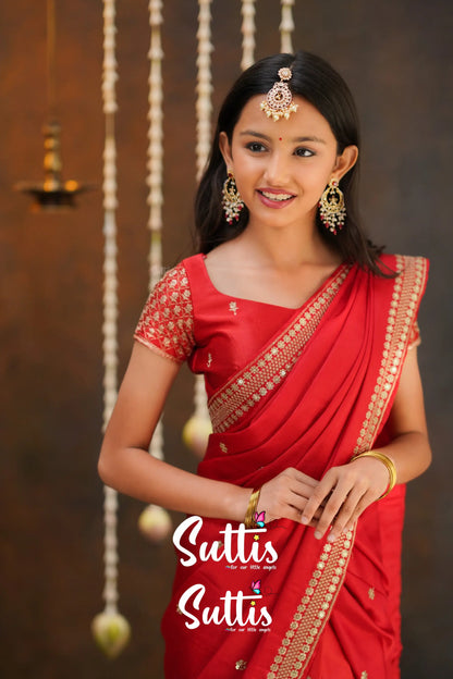 Tulip - Red Pure Gaji Silk Half Saree Kids-Suttis