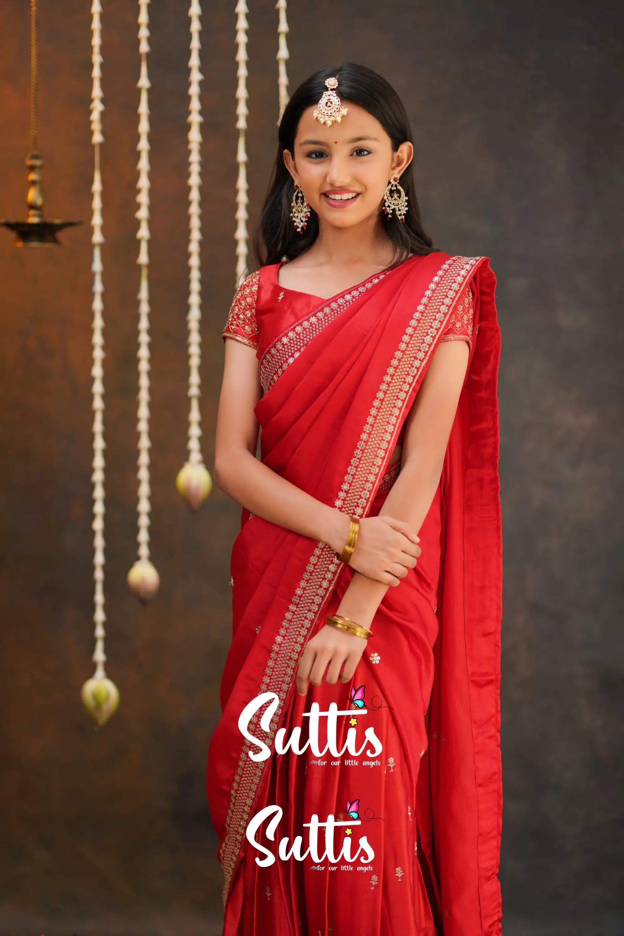 Tulip - Red Pure Gaji Silk Half Saree Kids-Suttis