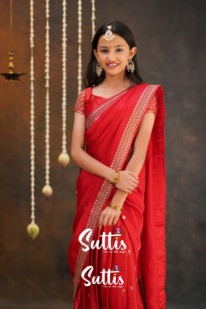 Tulip - Red Pure Gaji Silk Half Saree Kids-Suttis