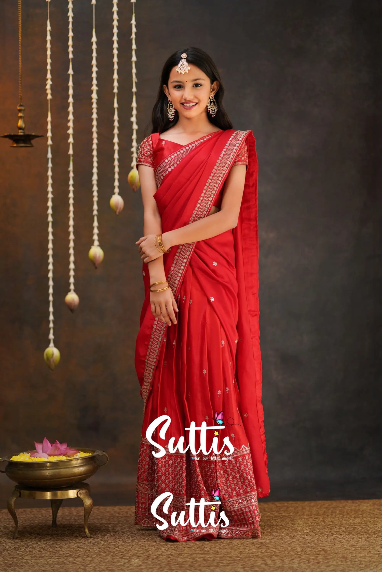 Tulip - Red Pure Gaji Silk Half Saree Kids-Suttis