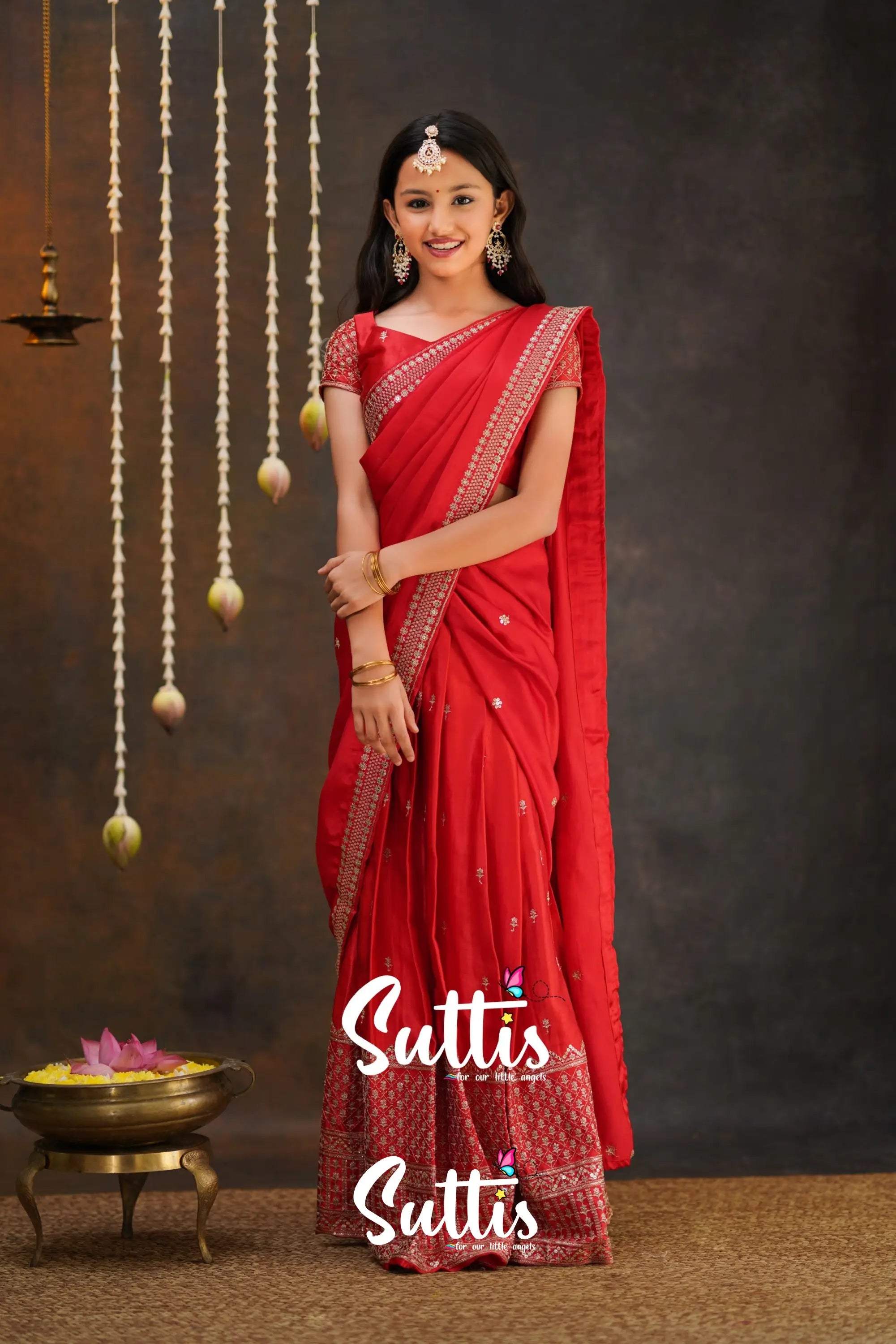 Tulip - Red Pure Gaji Silk Half Saree Kids-Suttis