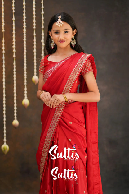 Tulip - Red Pure Gaji Silk Half Saree Kids-Suttis