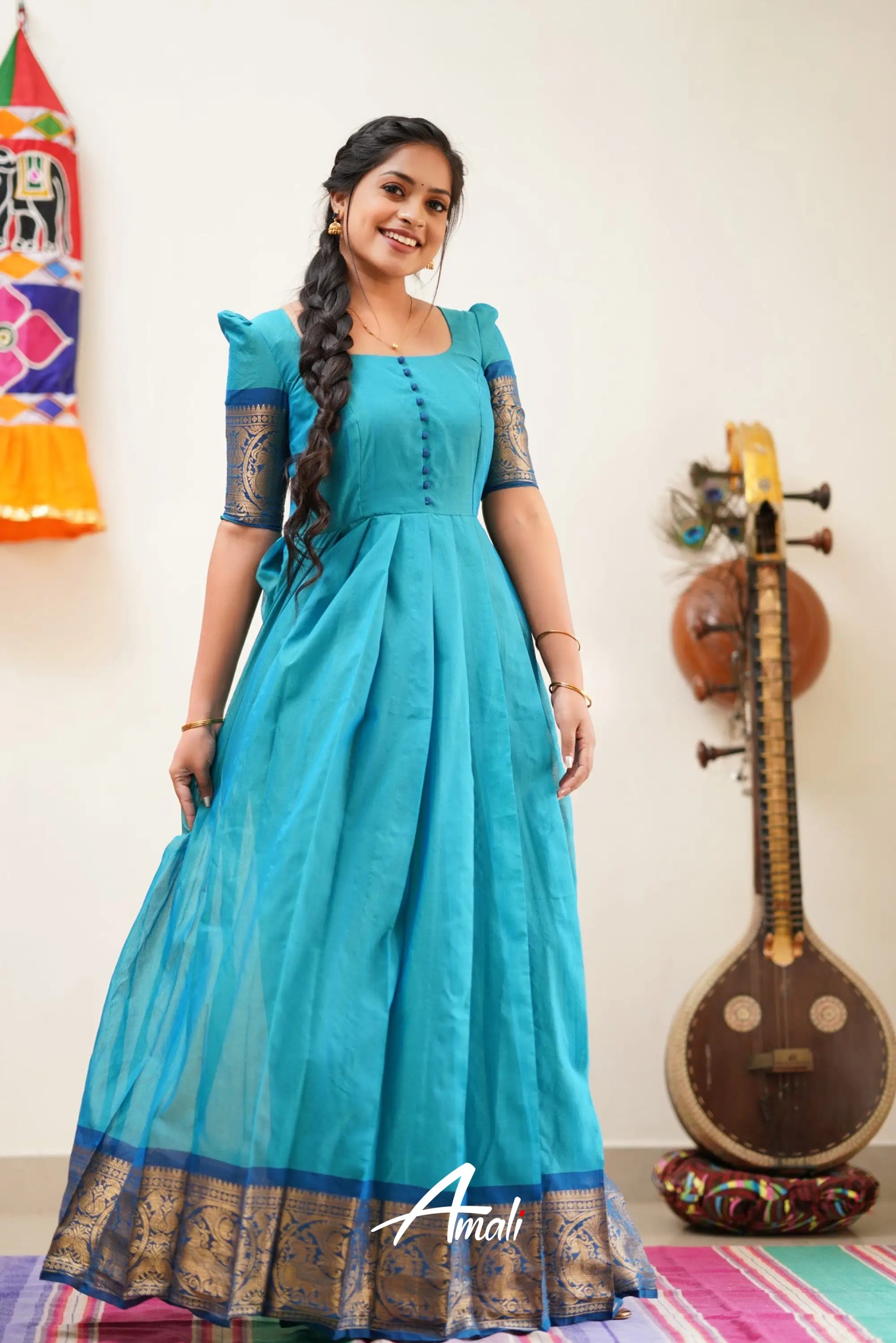 Two Tone Blue With Cerulean Cotton Long Gown Gown