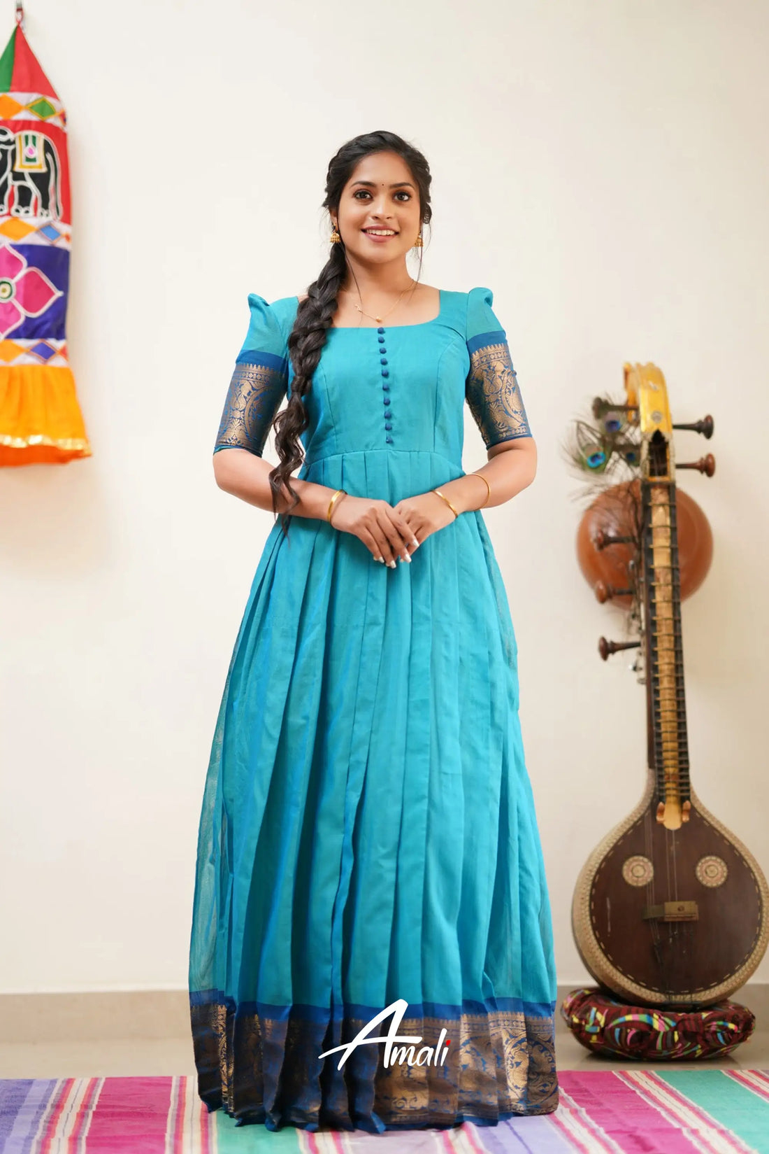 Two Tone Blue With Cerulean Cotton Long Gown Gown