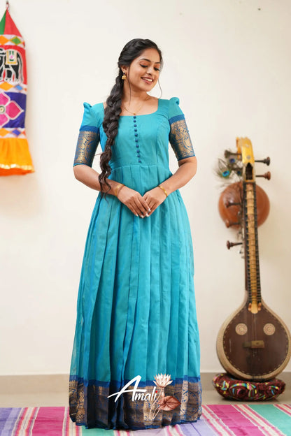 Two Tone Blue With Cerulean Cotton Long Gown Gown