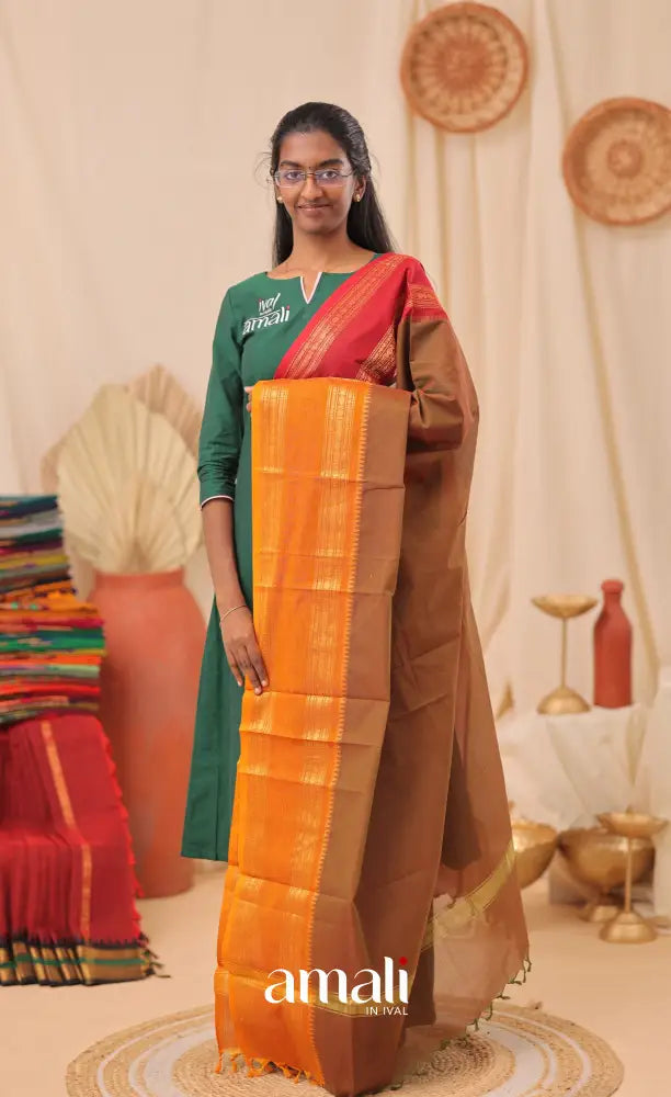 Two-Tone Brown With Dual Border Chettinad Cotton Dupatta salwar