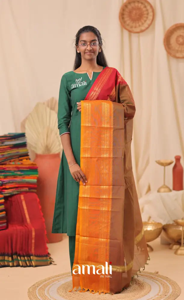 Two-Tone Brown With Dual Border Chettinad Cotton Dupatta salwar