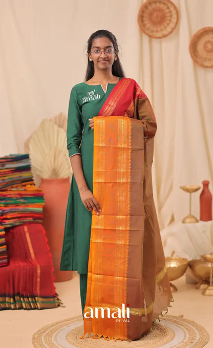 Two-Tone Brown With Dual Border Chettinad Cotton Dupatta salwar
