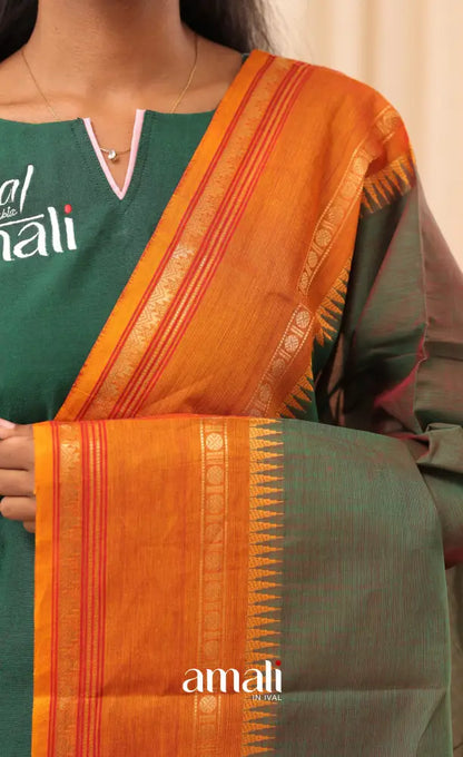 Two-Tone Green With Mustard Orange Chettinad Cotton Dupatta salwar