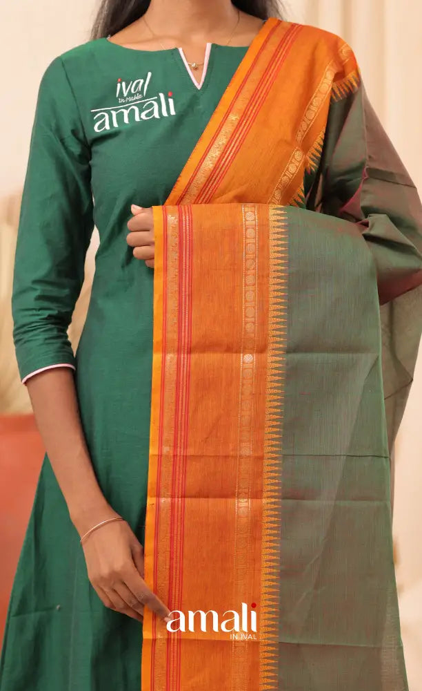 Two-Tone Green With Mustard Orange Chettinad Cotton Dupatta salwar