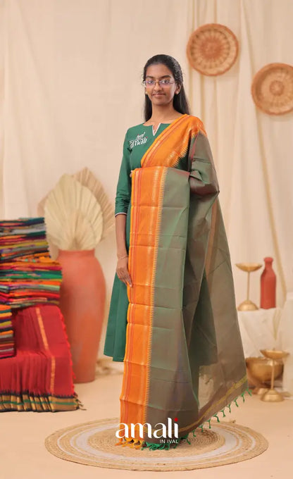 Two-Tone Green With Mustard Orange Chettinad Cotton Dupatta salwar