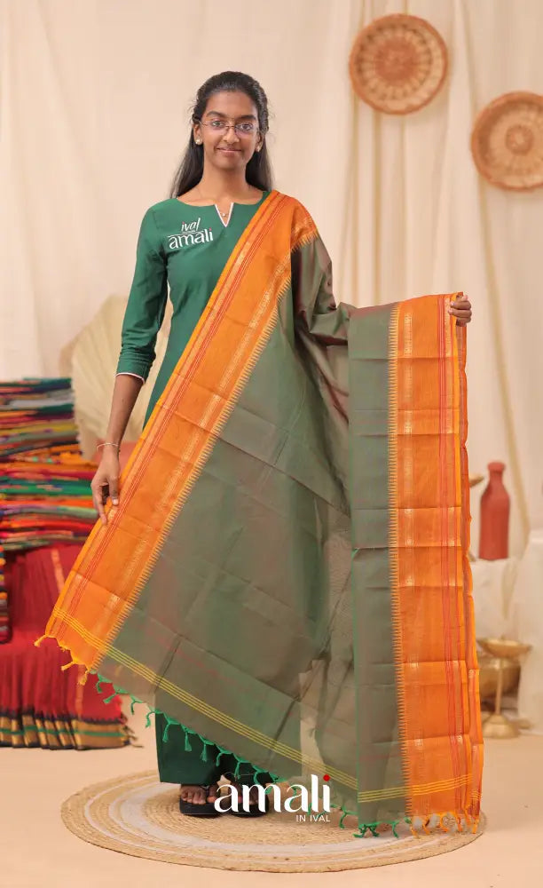 Two-Tone Green With Mustard Orange Chettinad Cotton Dupatta salwar