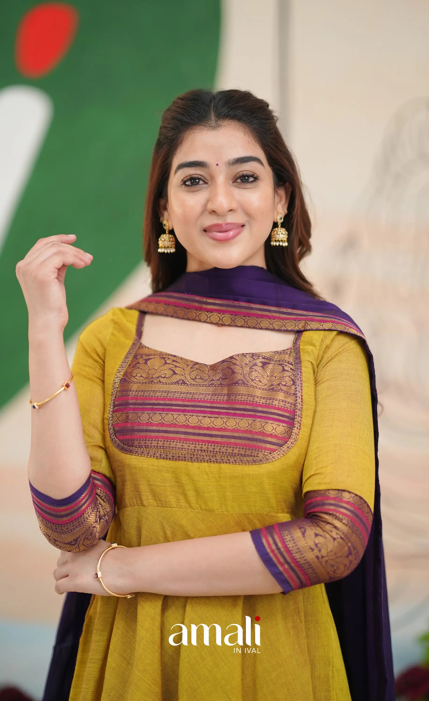 Two-tone Henna yellow and Dark Purple Chettinad Cotton Anarkali - Anarkalis