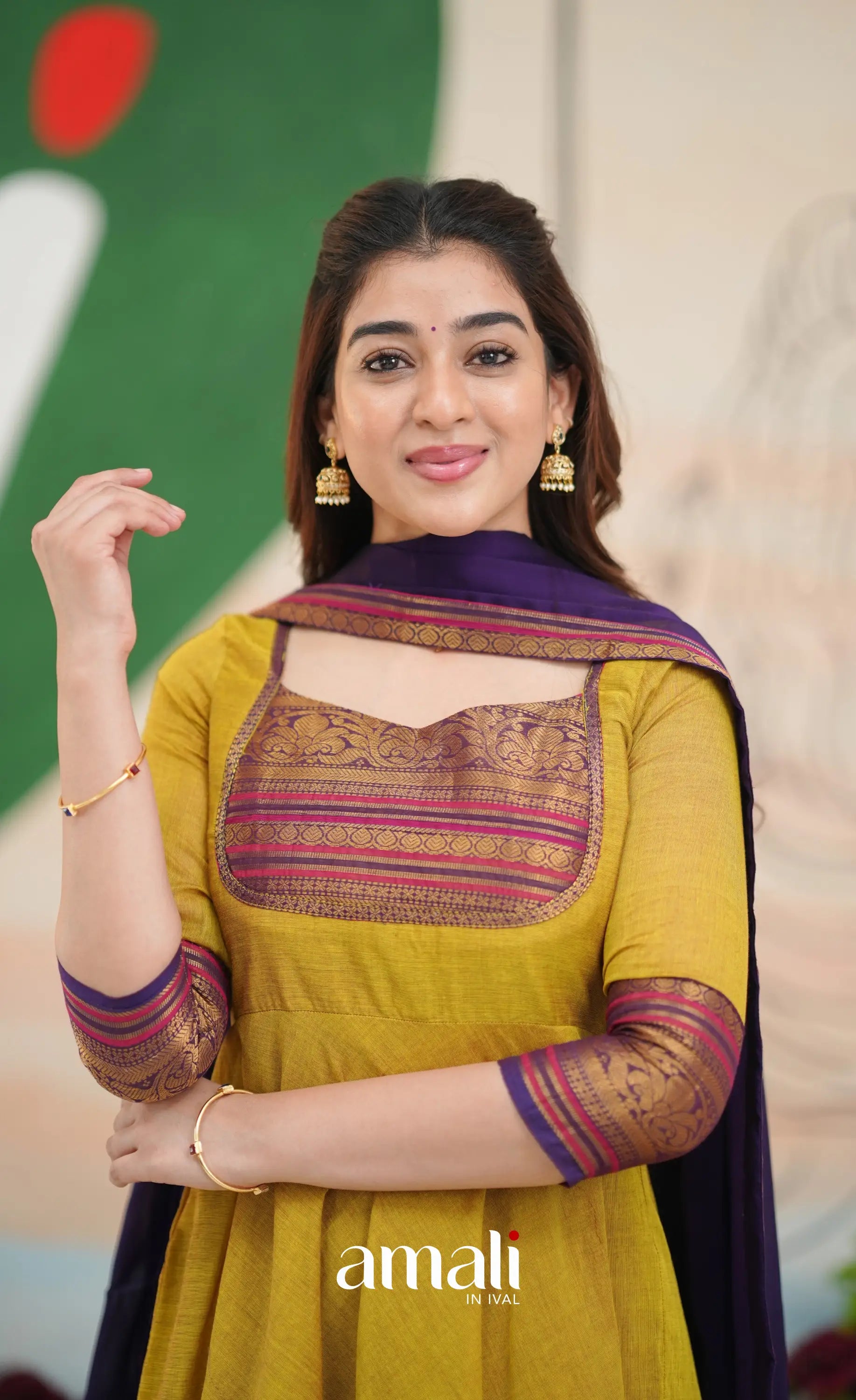 Two-tone Henna yellow and Dark Purple Chettinad Cotton Anarkali - Anarkalis