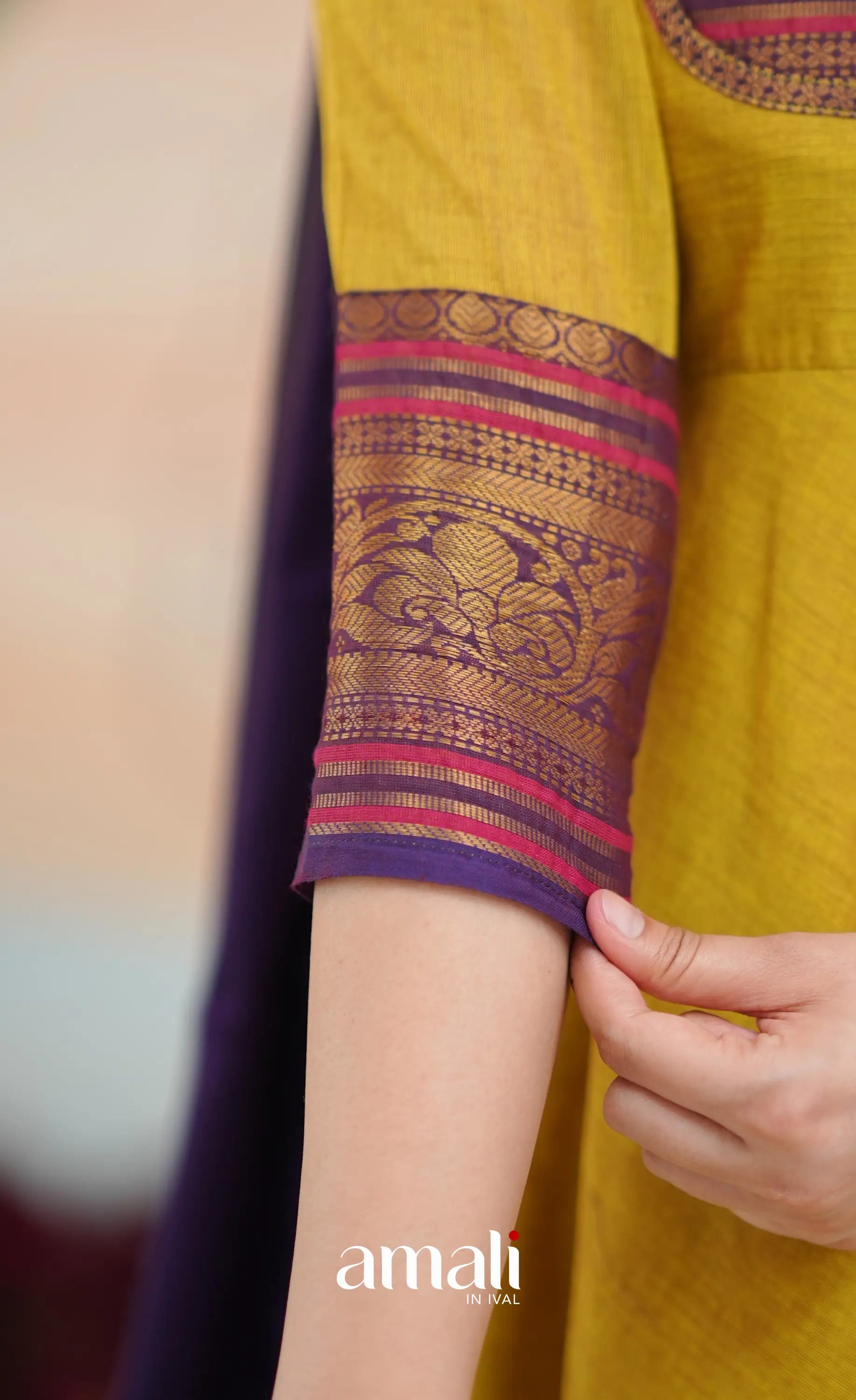 Two-tone Henna yellow and Dark Purple Chettinad Cotton Anarkali - Anarkalis