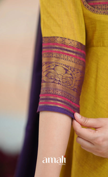 Two-tone Henna yellow and Dark Purple Chettinad Cotton Anarkali - Anarkalis