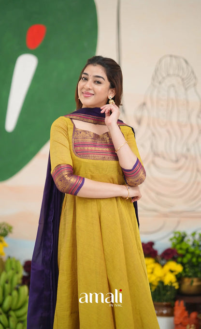 Two-tone Henna yellow and Dark Purple Chettinad Cotton Anarkali - Anarkalis