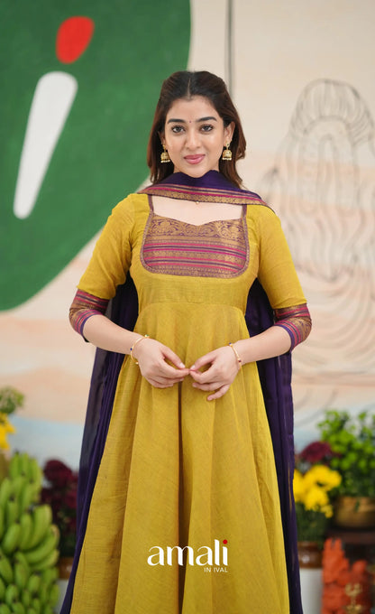 Two-tone Henna yellow and Dark Purple Chettinad Cotton Anarkali - Anarkalis