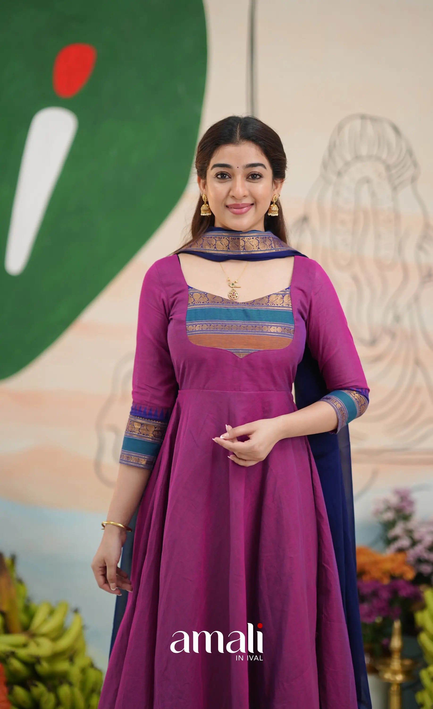 Two-tone Magenta and Royal blue Chettinad Cotton Anarkali - Anarkalis