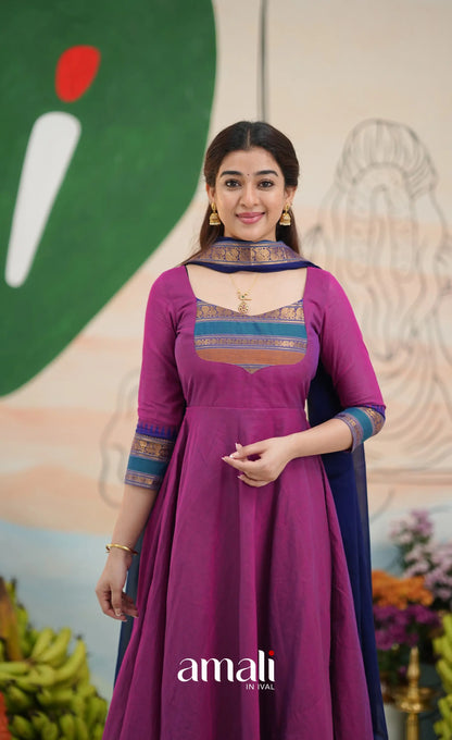 Two-tone Magenta and Royal blue Chettinad Cotton Anarkali - Anarkalis