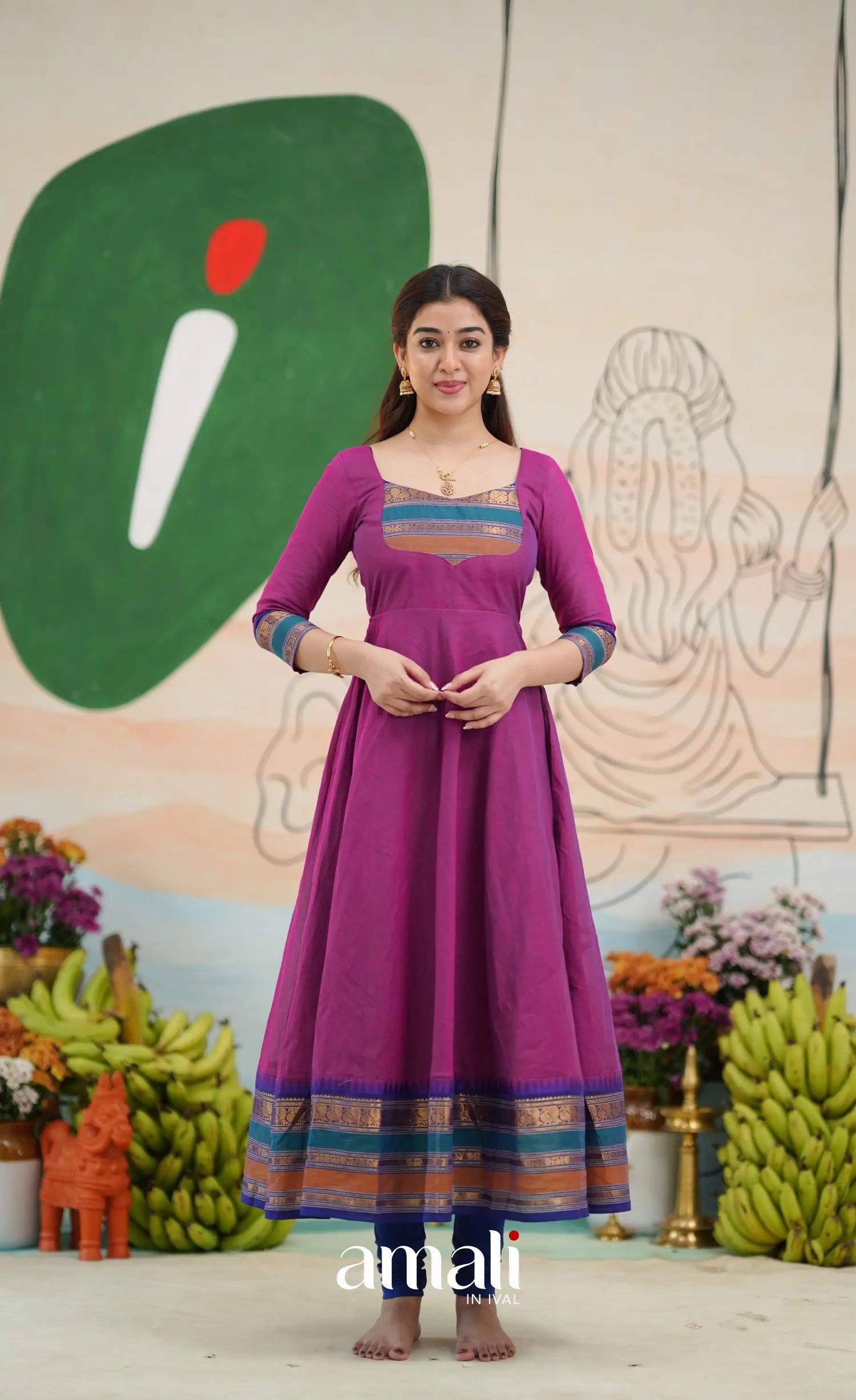 Two-tone Magenta and Royal blue Chettinad Cotton Anarkali - Anarkalis
