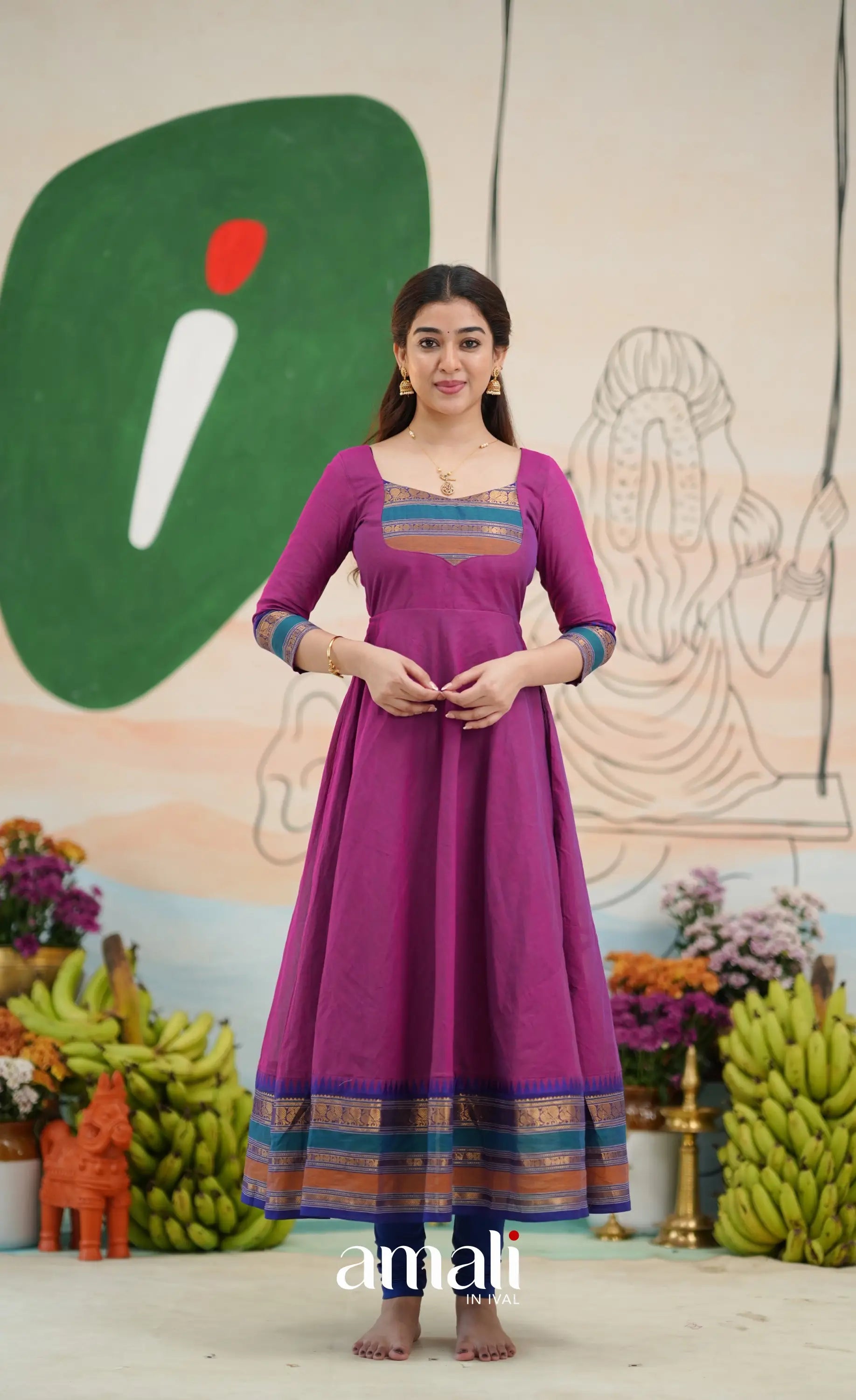 Two-tone Magenta and Royal blue Chettinad Cotton Anarkali - Anarkalis
