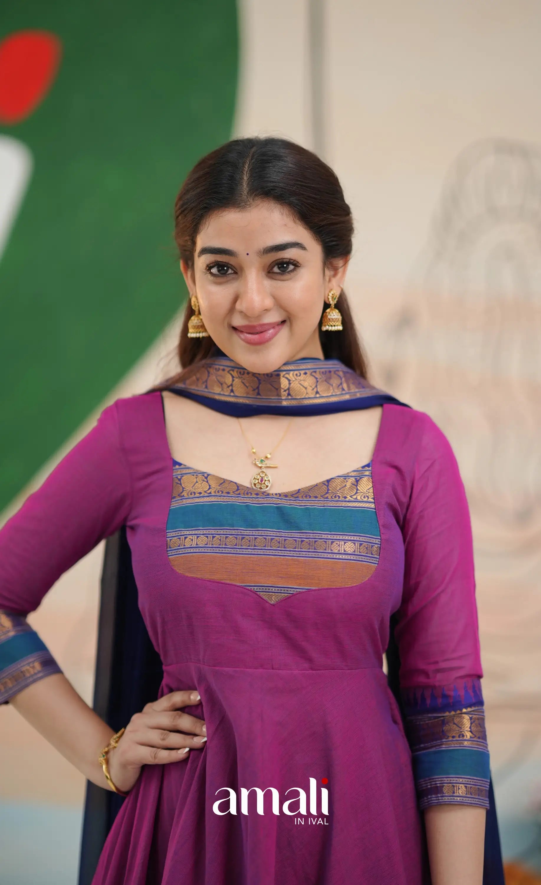 Two-tone Magenta and Royal blue Chettinad Cotton Anarkali - Anarkalis