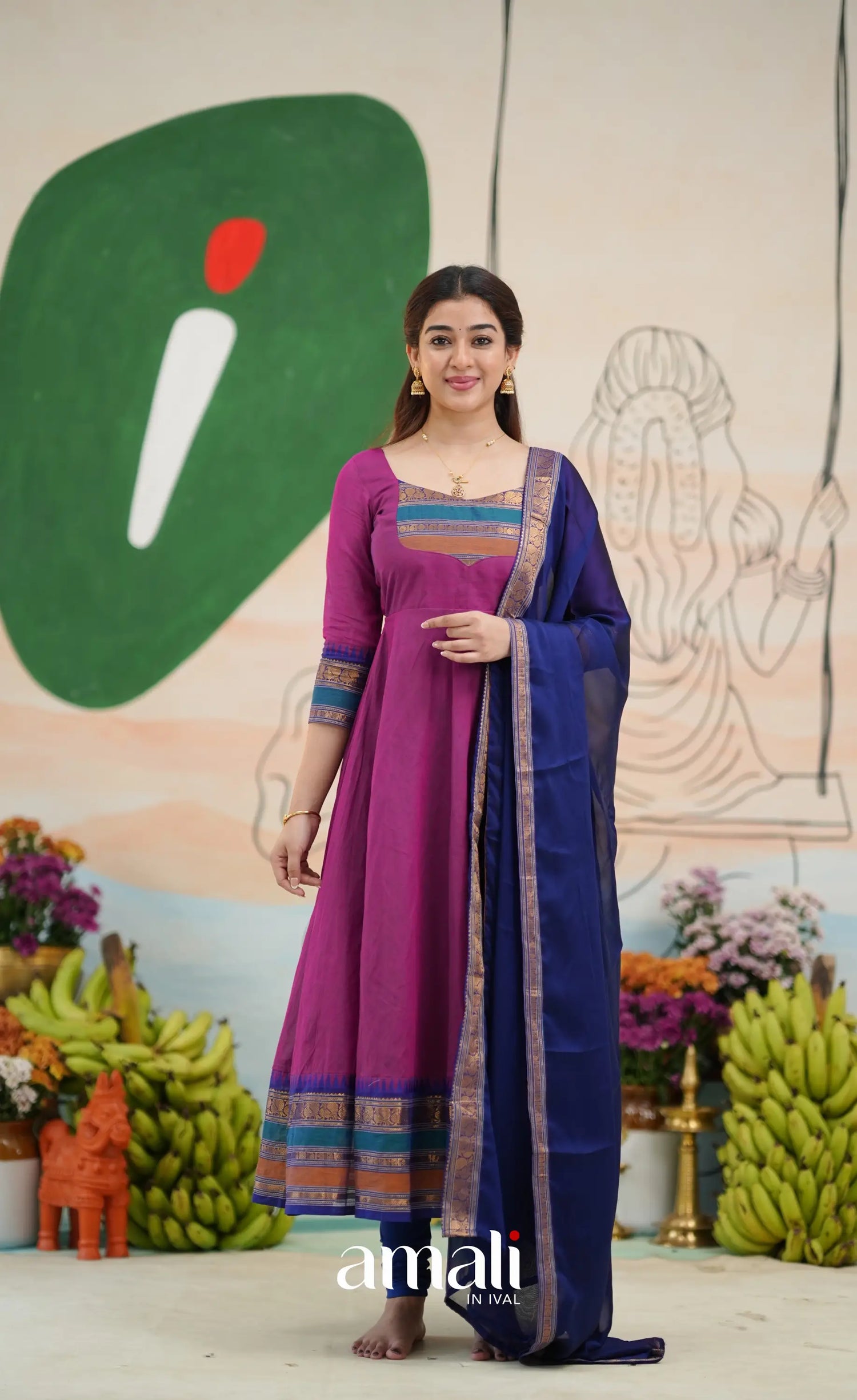 Two-tone Magenta and Royal blue Chettinad Cotton Anarkali - Anarkalis