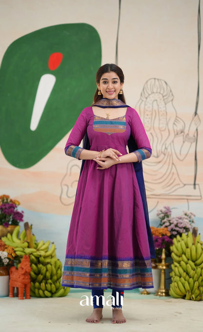 Two-tone Magenta and Royal blue Chettinad Cotton Anarkali - Anarkalis