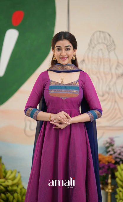 Two-tone Magenta and Royal blue Chettinad Cotton Anarkali - Anarkalis