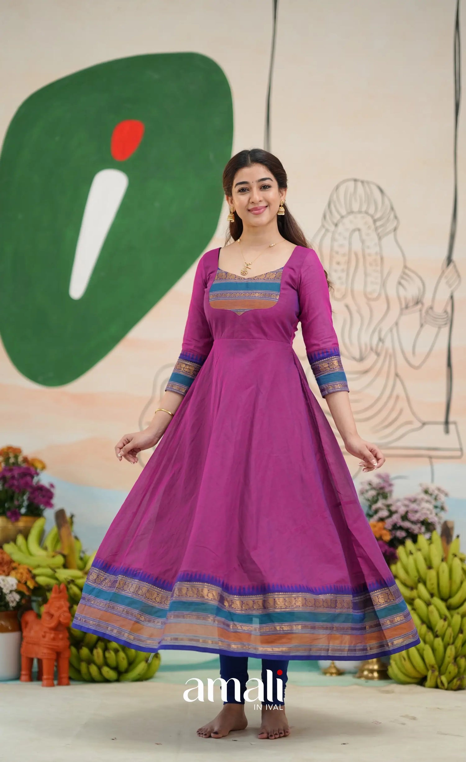 Two-tone Magenta and Royal blue Chettinad Cotton Anarkali - Anarkalis