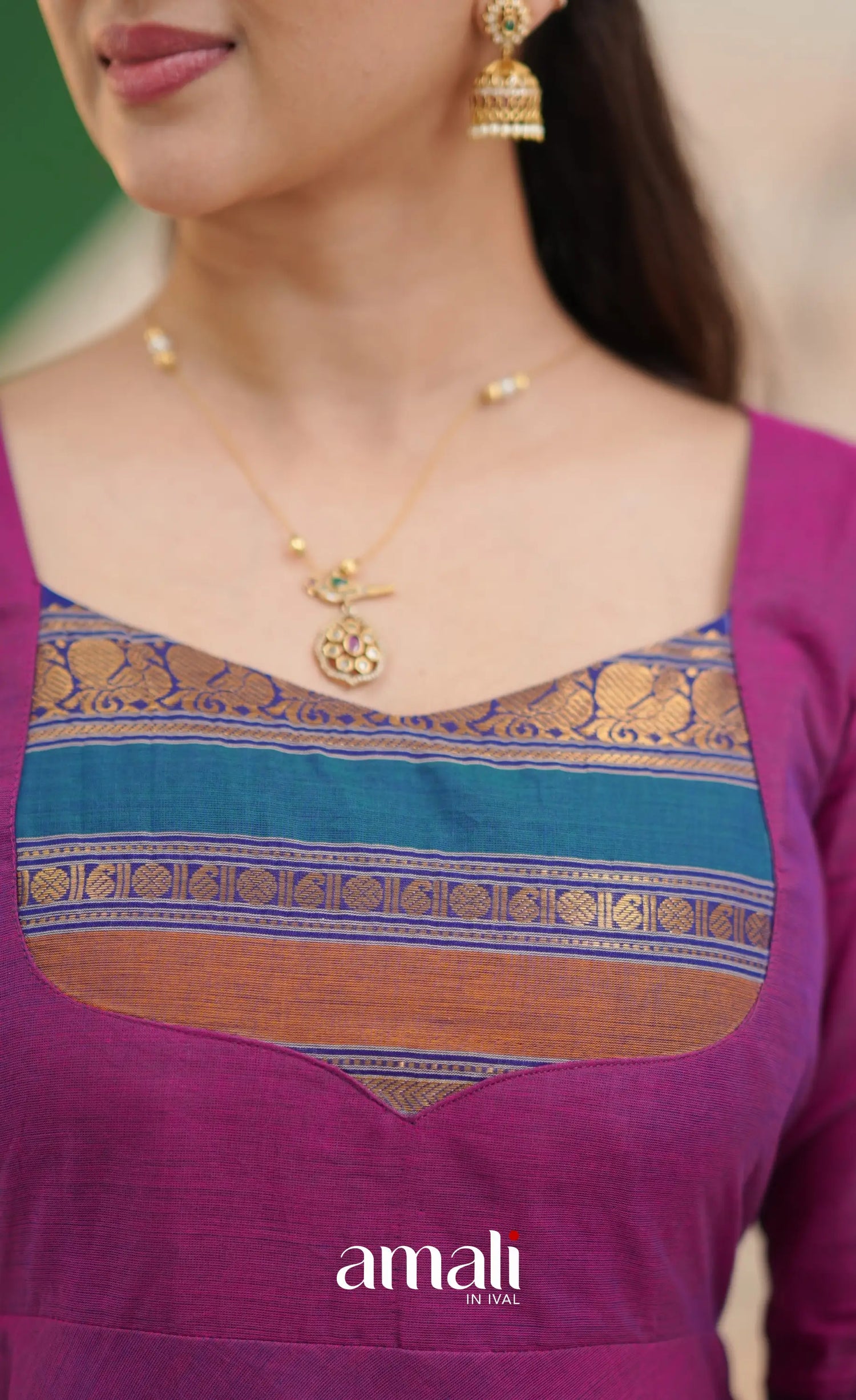 Two-tone Magenta and Royal blue Chettinad Cotton Anarkali - Anarkalis