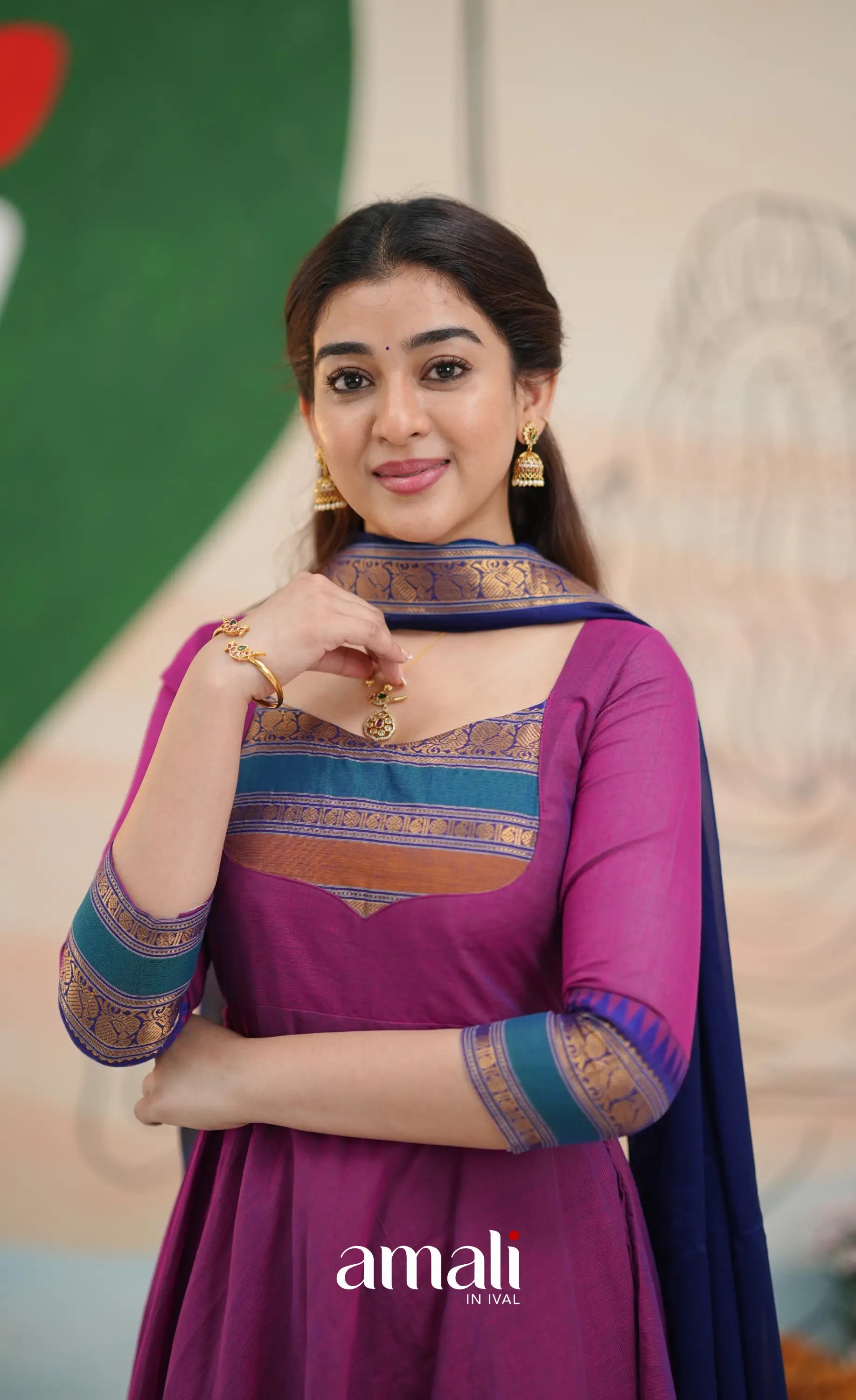Two-tone Magenta and Royal blue Chettinad Cotton Anarkali - Anarkalis