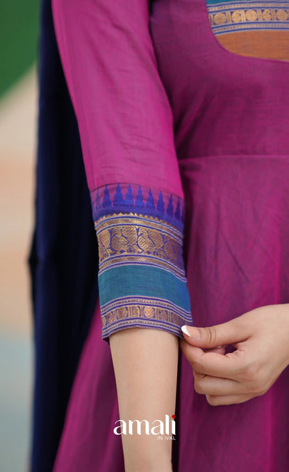 Two-tone Magenta and Royal blue Chettinad Cotton Anarkali - Anarkalis