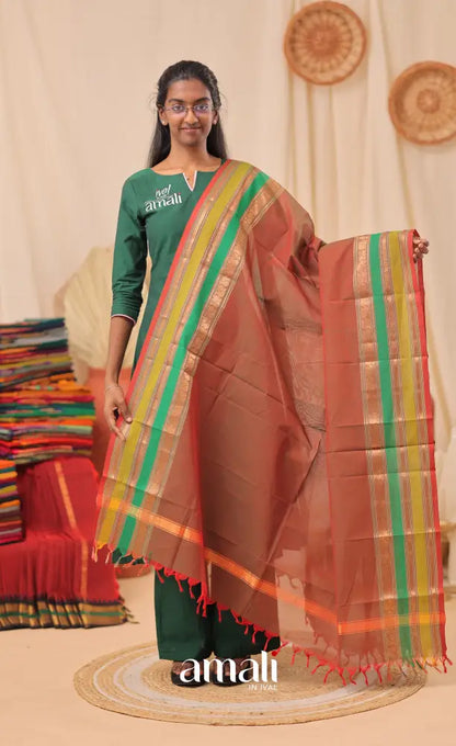 Two-Tone Maroon With Multicolours Chettinad Cotton Dupatta salwar