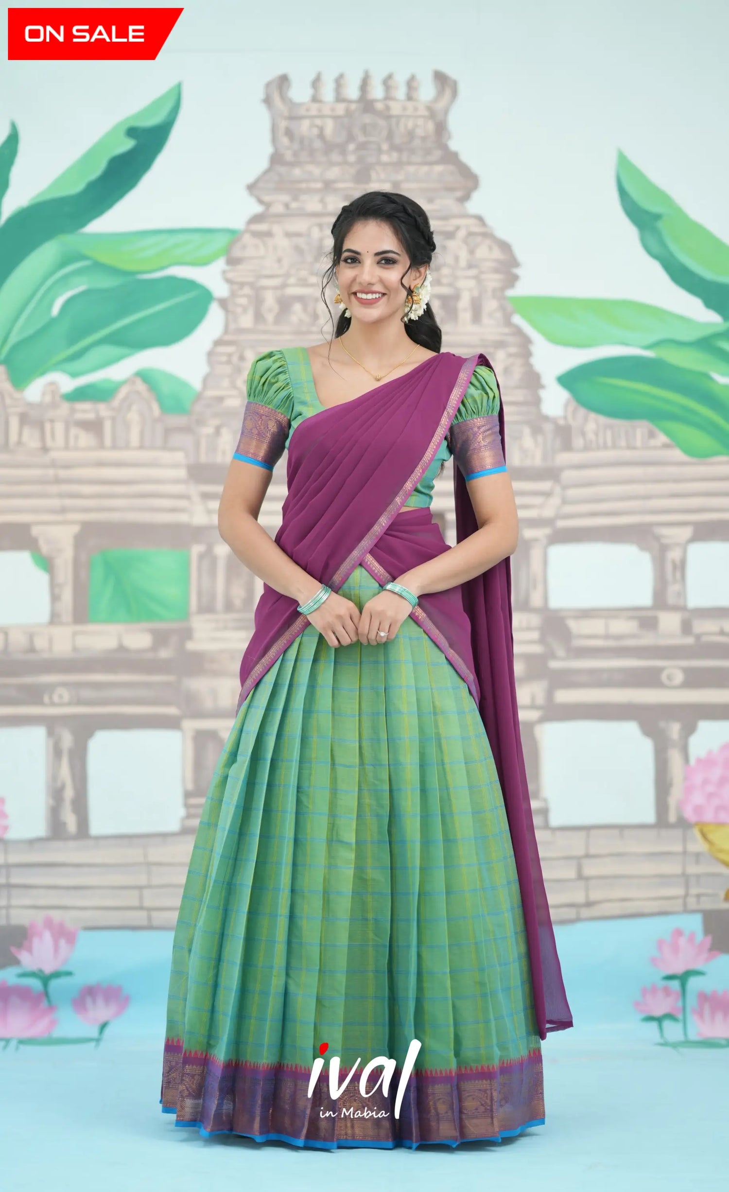 Two-Tone Sea Green and Violet Chettinad Cotton Halfsare - Half Sarees
