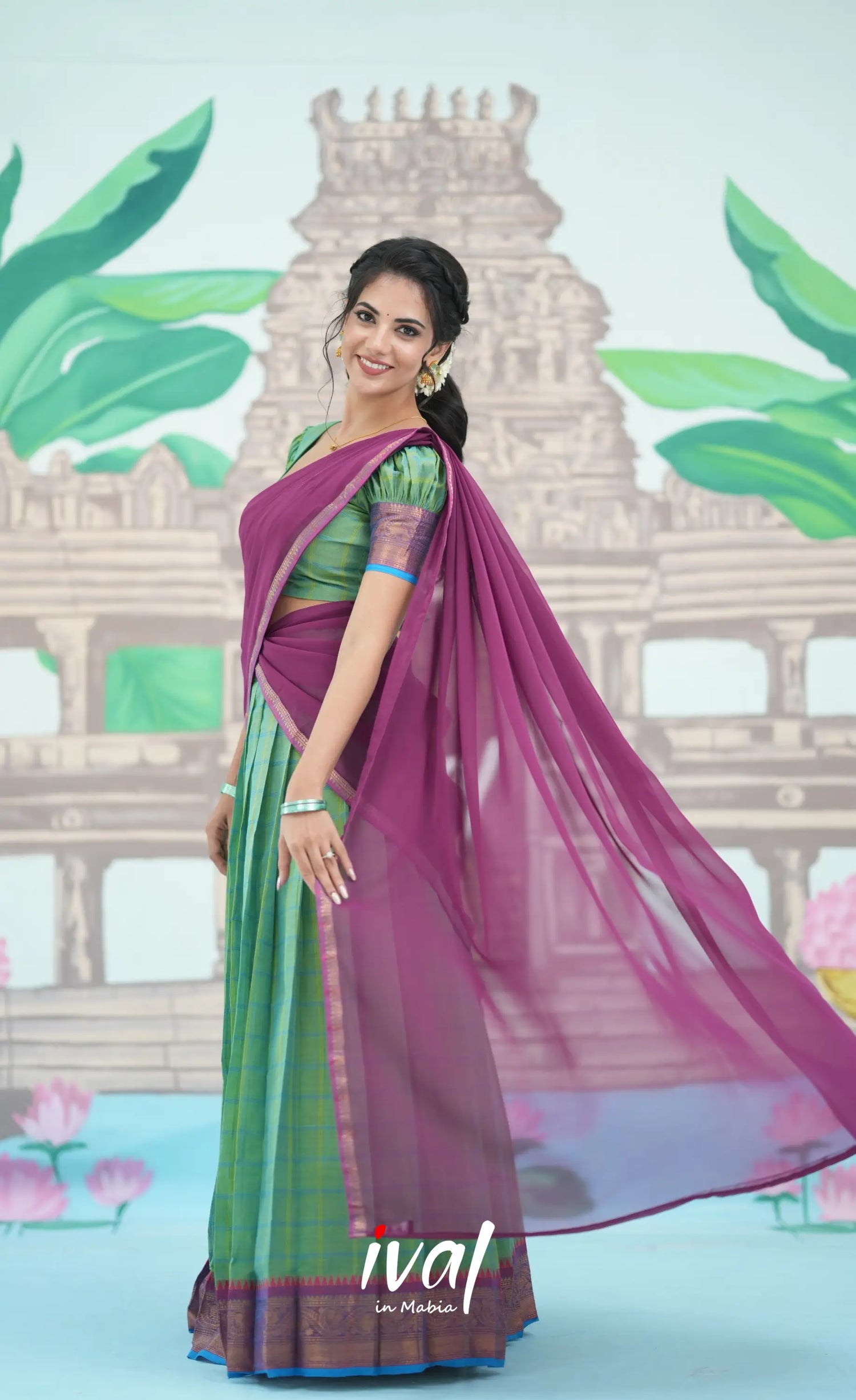 Two-Tone Sea Green and Violet Chettinad Cotton Halfsare - Half Sarees
