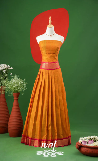 Two-tone Yellowish Orange with Pink Semi-Stitched Cotton Halfsaree Half Sarees