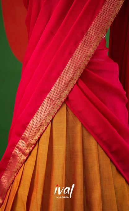 Two-tone Yellowish Orange with Pink Semi-Stitched Cotton Halfsaree Half Sarees