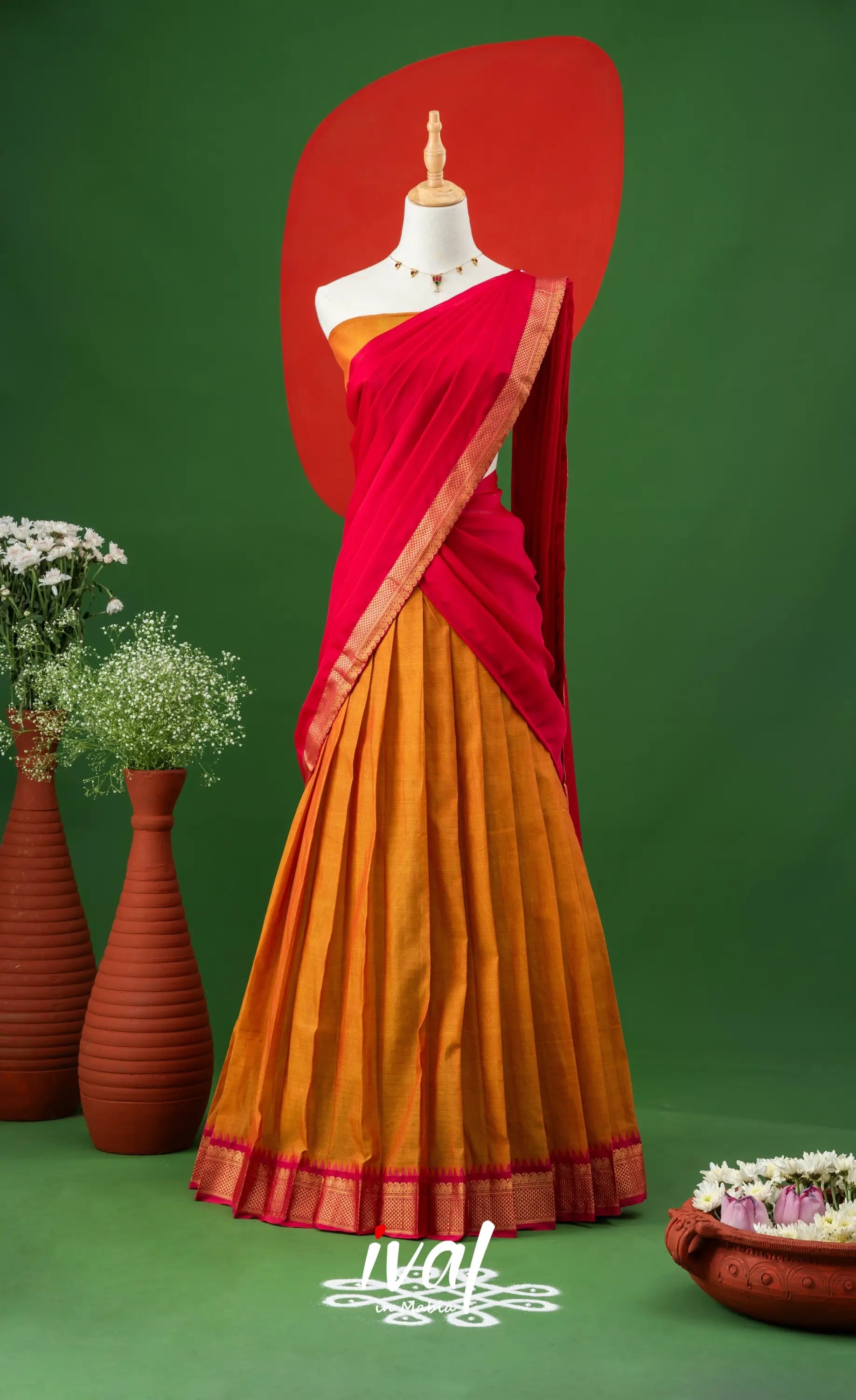 Two-tone Yellowish Orange with Pink Semi-Stitched Cotton Halfsaree Half Sarees