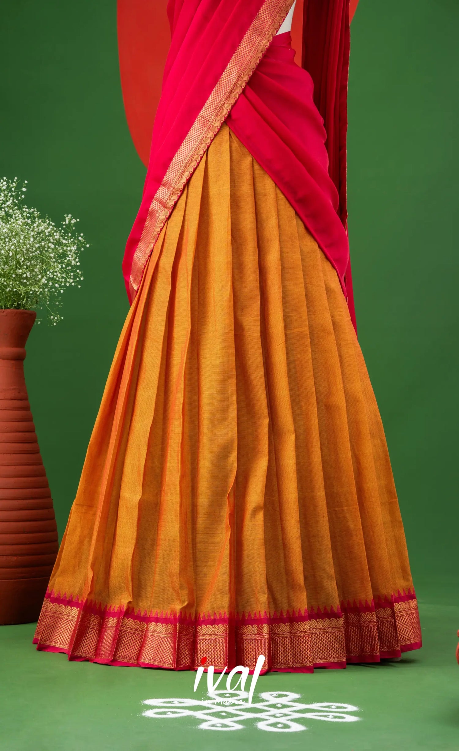 Two-tone Yellowish Orange with Pink Semi-Stitched Cotton Halfsaree Half Sarees