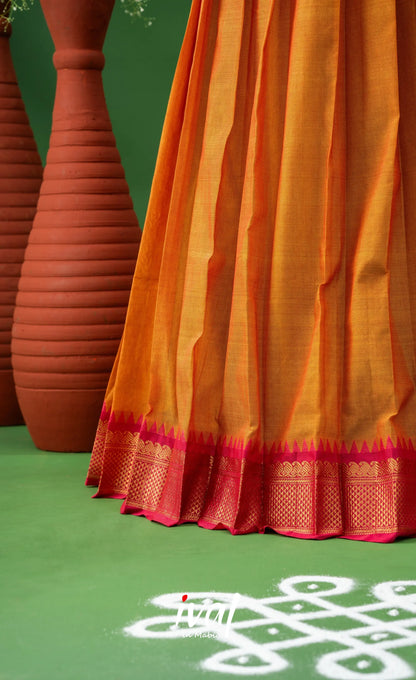 Two-tone Yellowish Orange with Pink Semi-Stitched Cotton Halfsaree Half Sarees