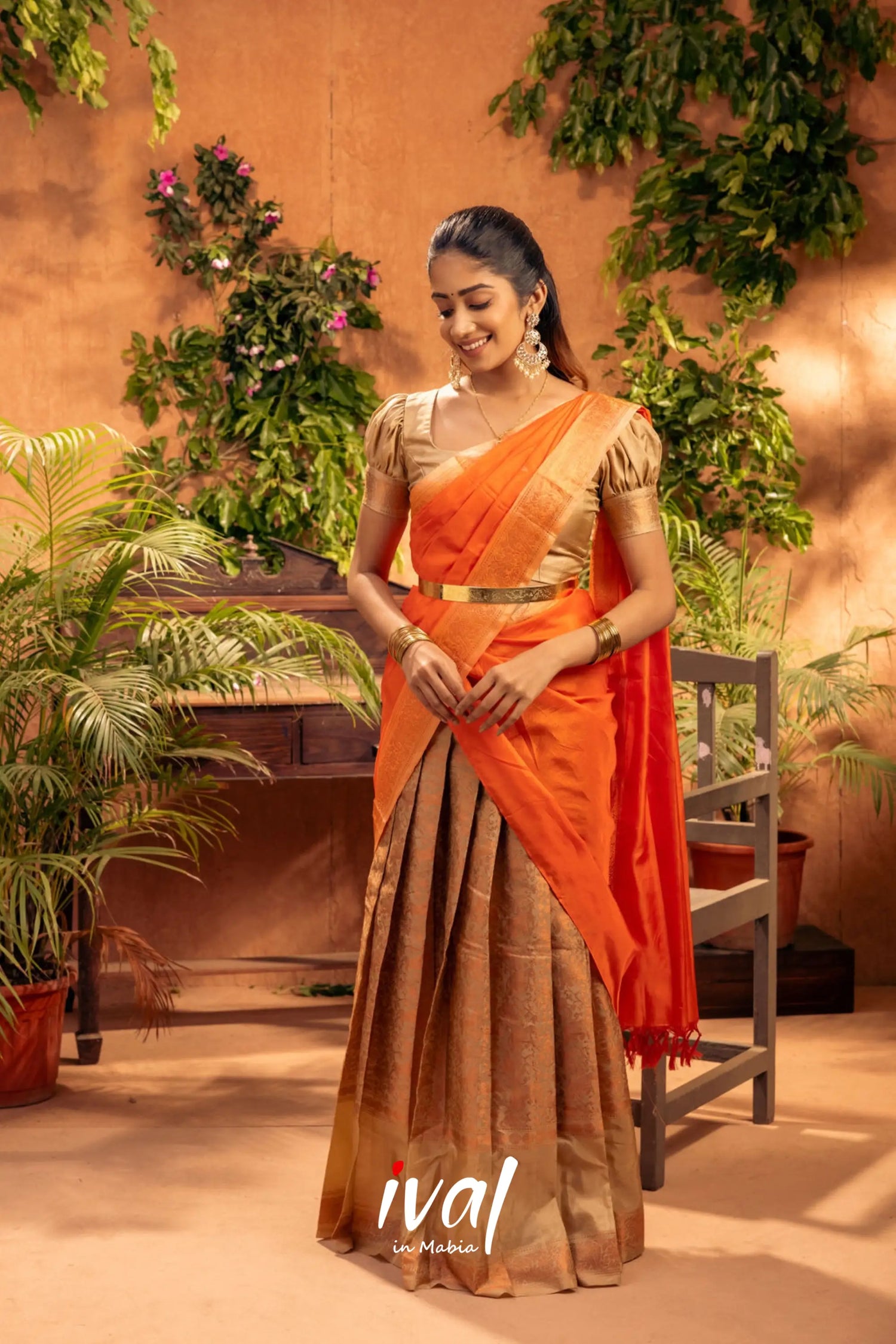 Vanani - Beige And Orange Silk Halfsaree Half Sarees