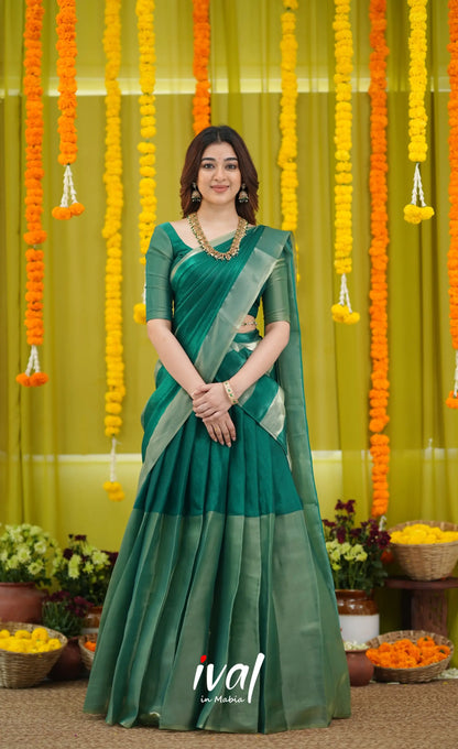 Vedika - Bottle Green and Gold Scape Silk Halfsaree - Half Sarees
