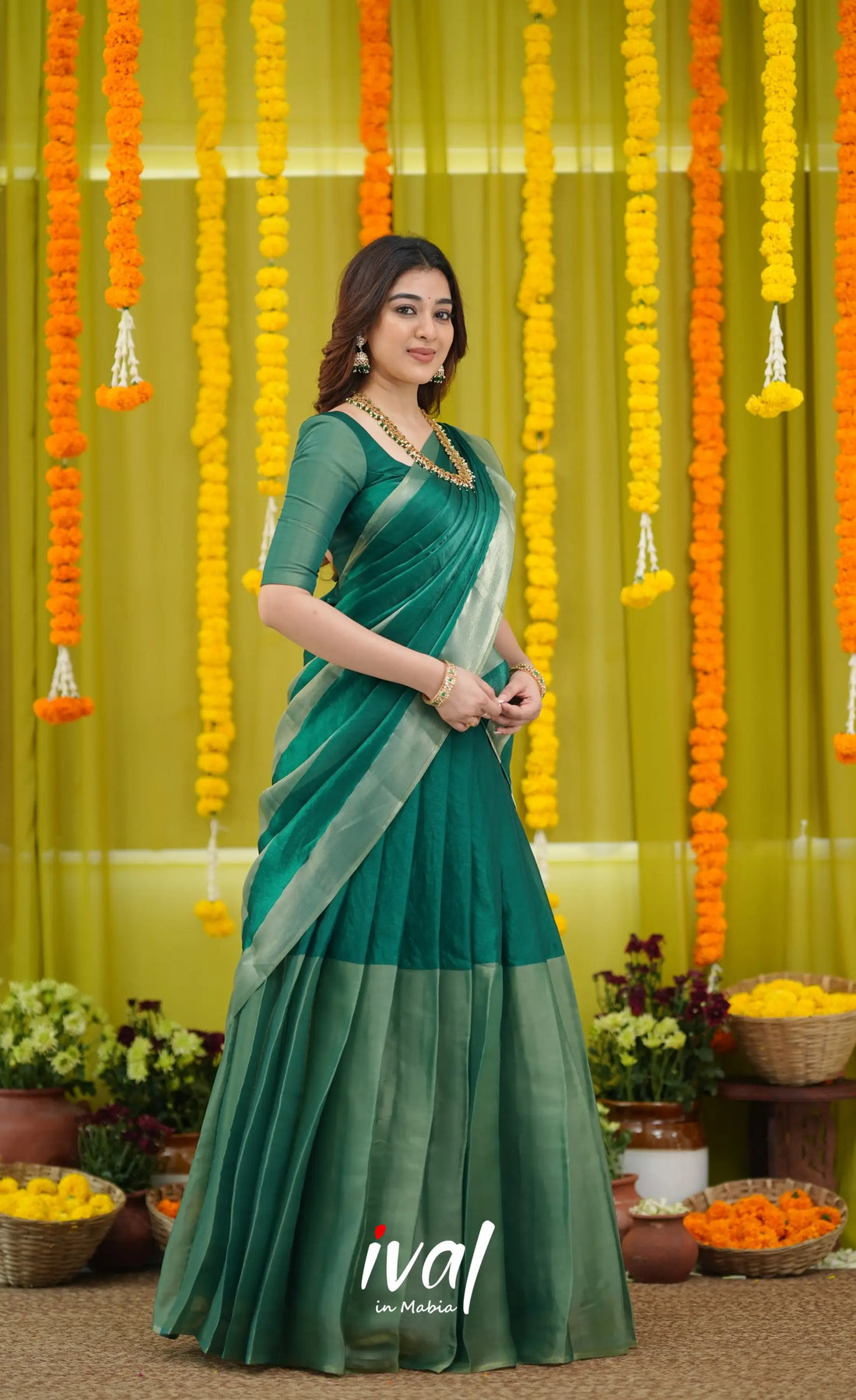 Vedika - Bottle Green and Gold Scape Silk Halfsaree - Half Sarees