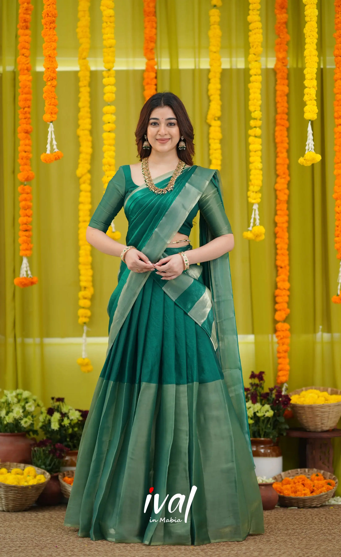 Vedika - Bottle Green and Gold Scape Silk Halfsaree - Half Sarees