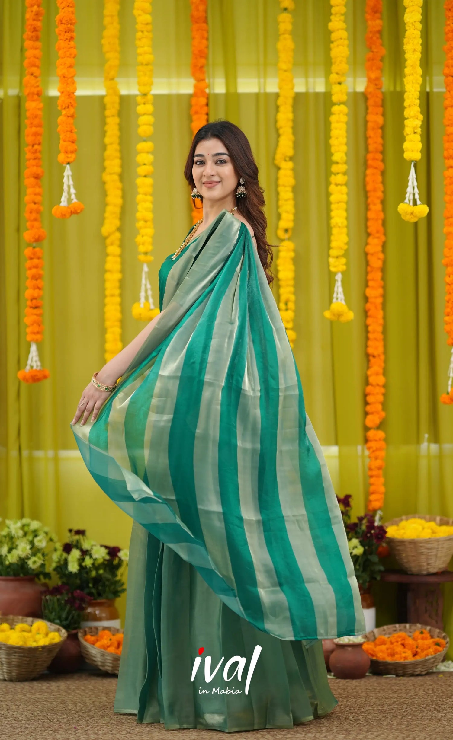 Vedika - Bottle Green and Gold Scape Silk Halfsaree - Half Sarees