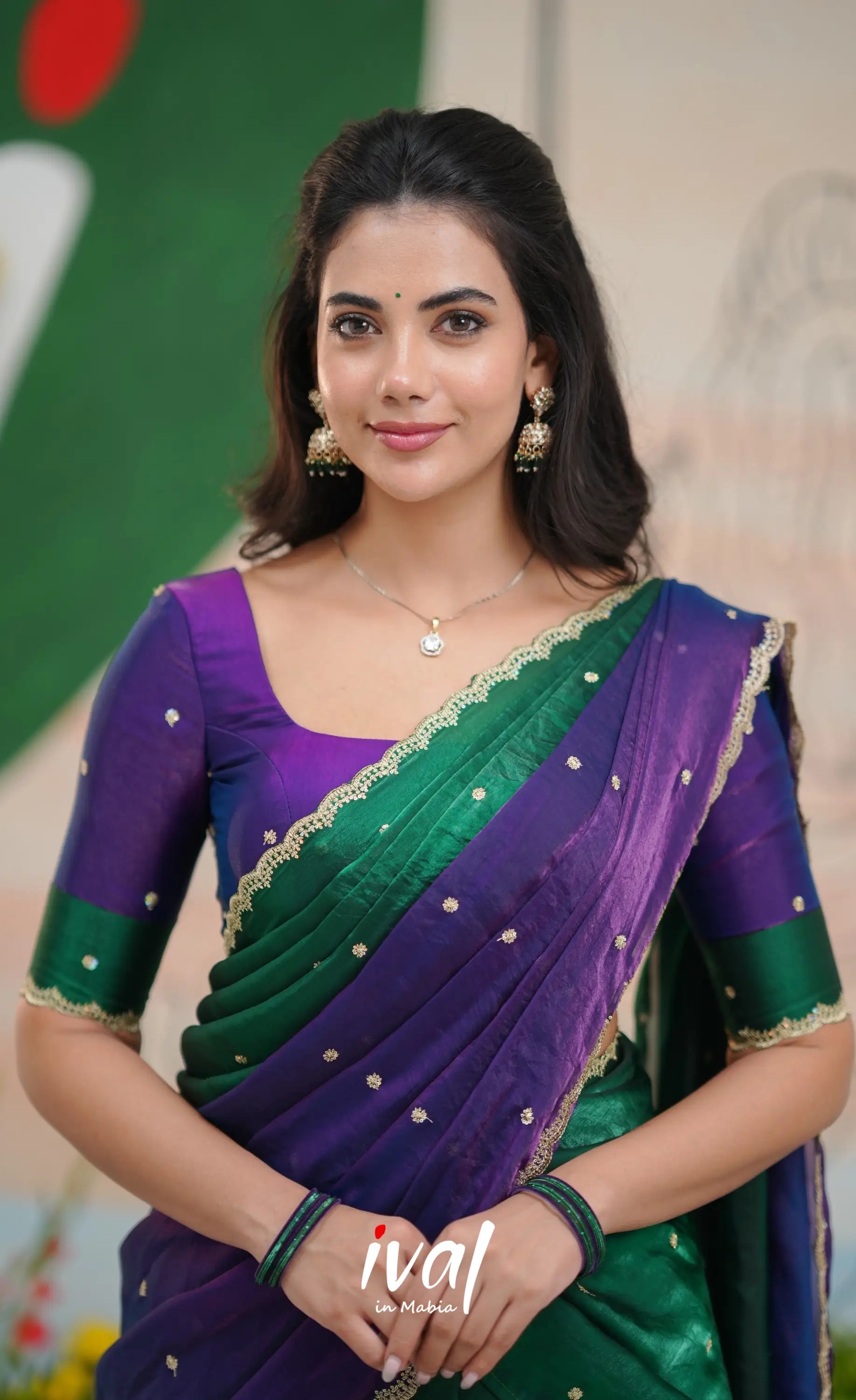 Vedika - Bottle Green with Purple Scape Silk Halfsaree Half Sarees