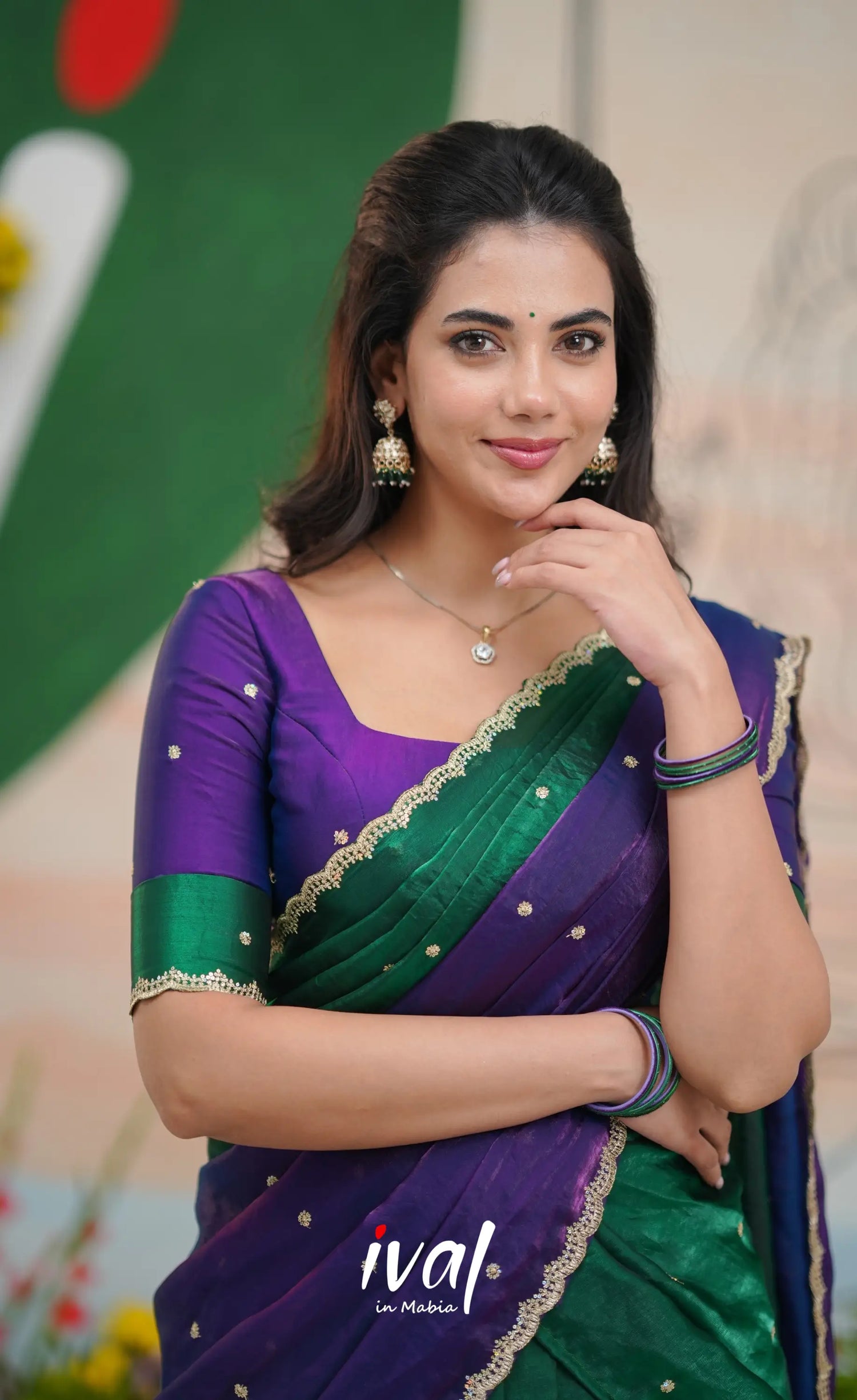 Vedika - Bottle Green with Purple Scape Silk Halfsaree Half Sarees